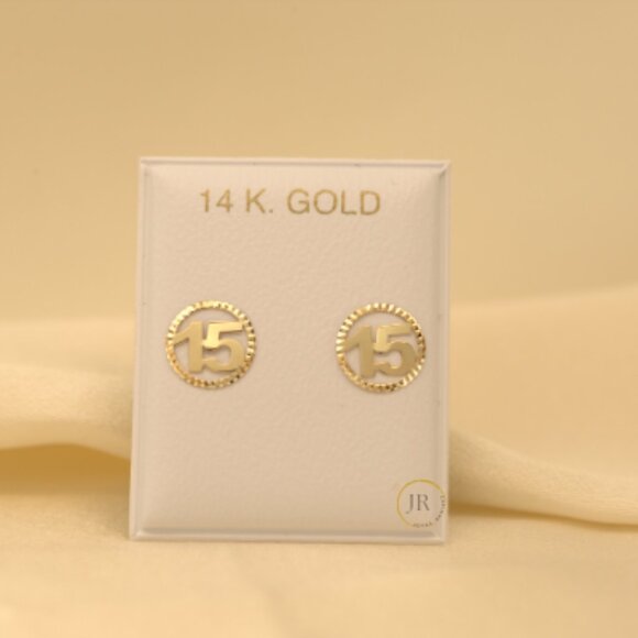 Real 14K Solid Gold Quinceañera 15 Stud Earrings Internal Screw Back 8mm.